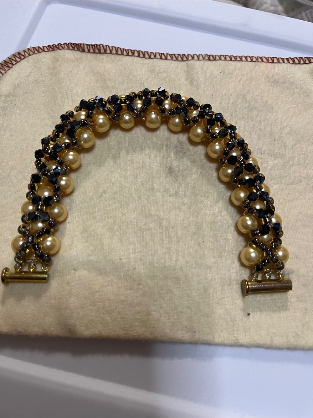 Gold Pearl and Black Crystal Woven Bracelet